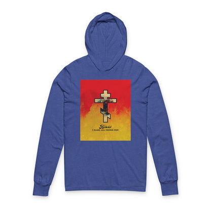 Behold, I Make All Things New (Revelation 21:5) | Cosmic Orthodox Cross on Red and Yellow Background | Orthodox Long Sleeve Hooded Shirt