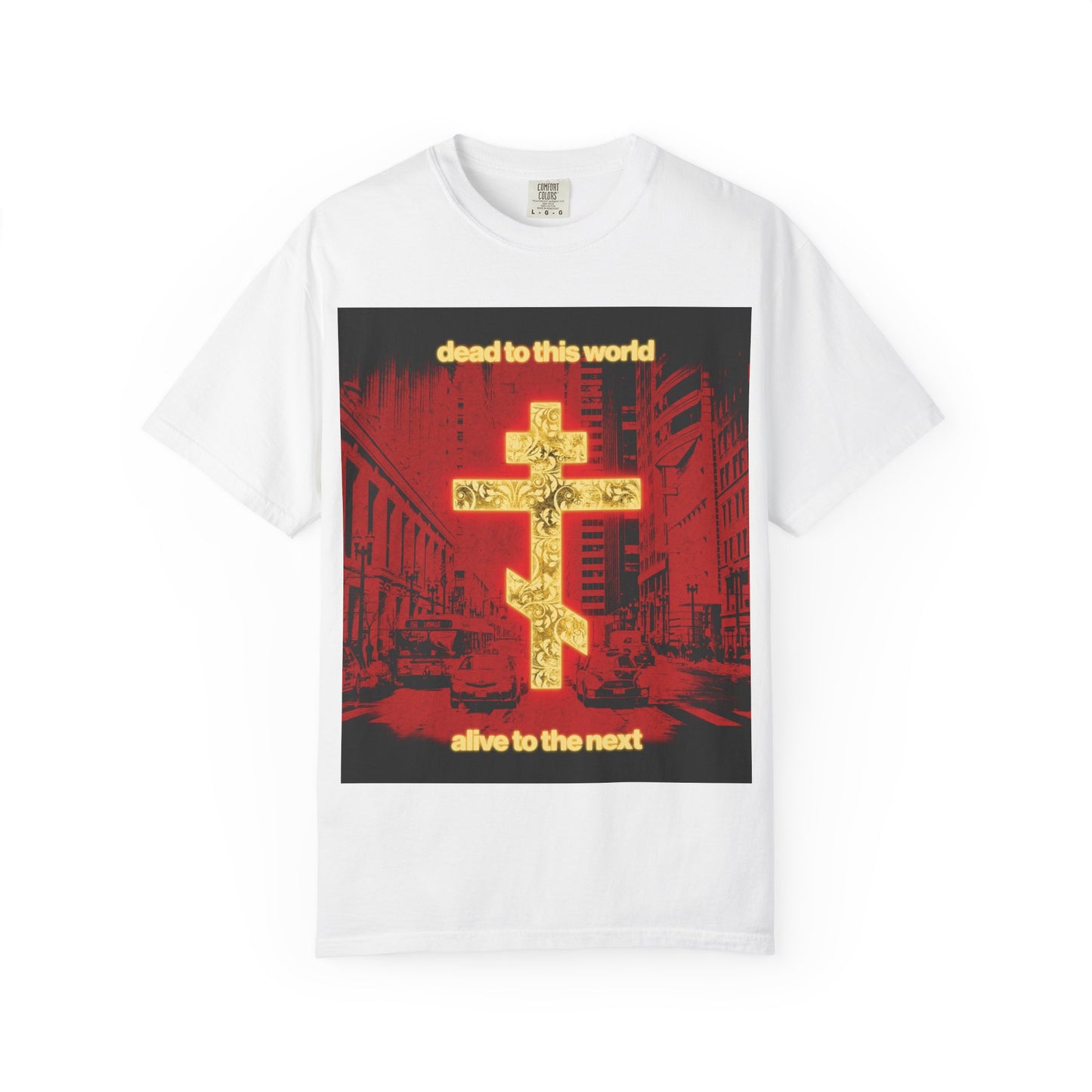 Introducing the “Dead to This World Alive to the Next” heavyweight unisex cotton tee in white, featuring a glowing gold cross against a striking red cityscape—a bold Orthodox Christian design inspired by St. Ignatius and celebrating destiny and eternity.