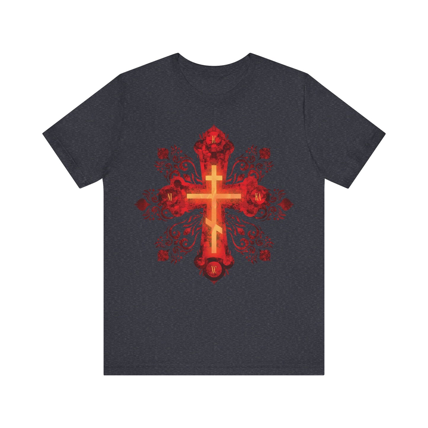 Heather navy unisex tee featuring a large red and gold ornate Russian-style Orthodox cross, inspired by Christian devotion—“He was pierced for our transgressions.”.