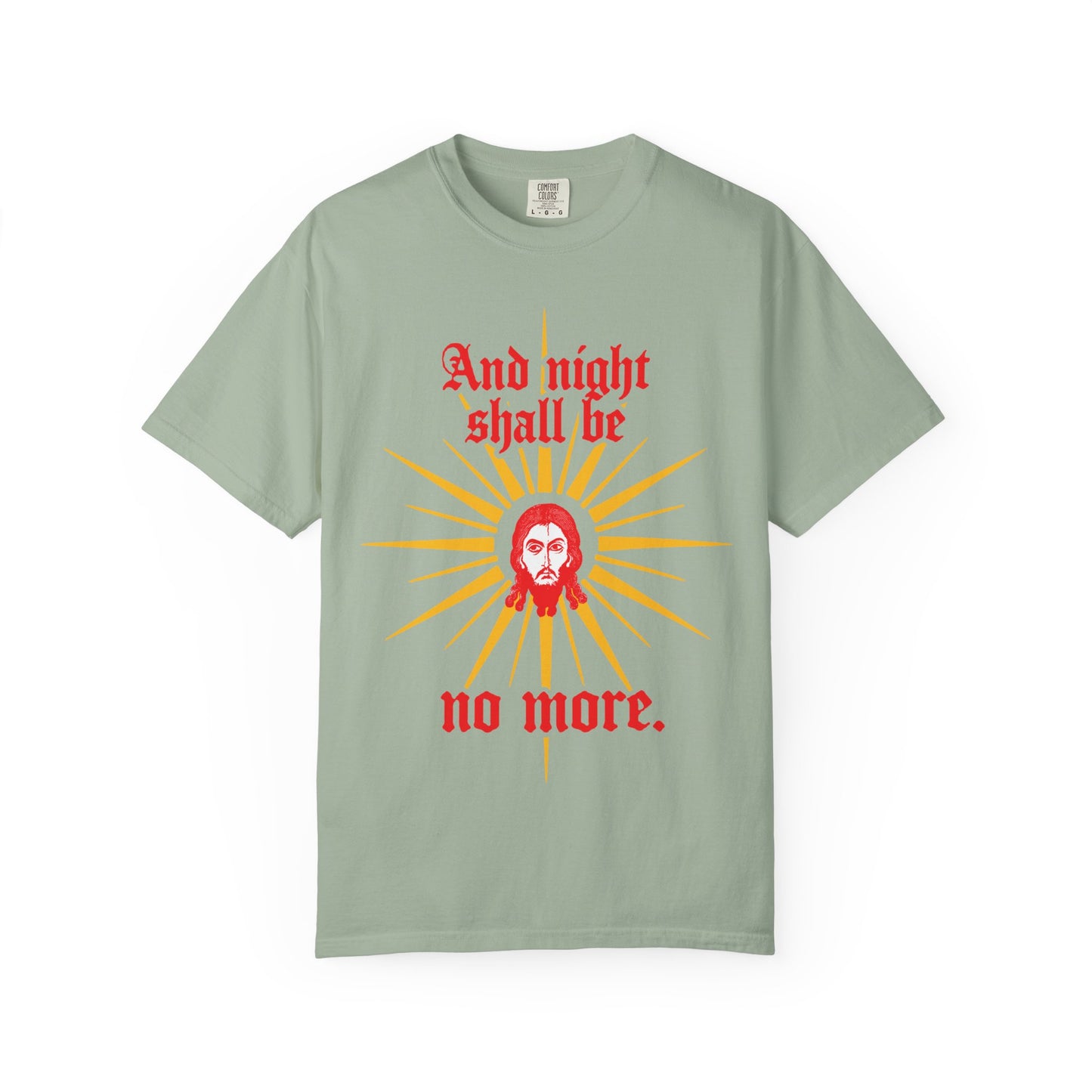 And Night Shall Be No More | Rev 22:5 | Jesus Christ Mandylion IconoGraphic | Gothic Text | Orthodox Christian Heavyweight Cotton Unisex Tee