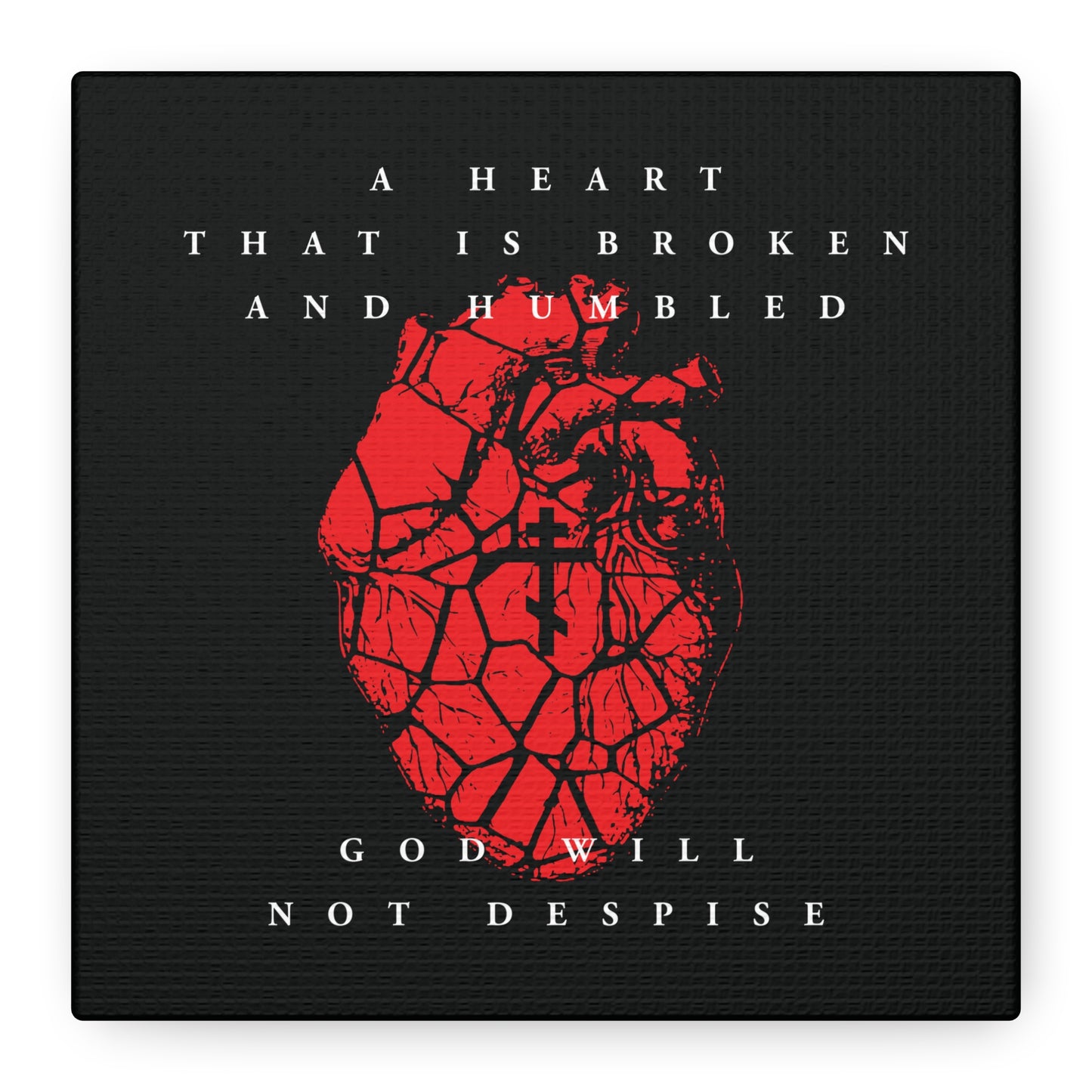 This Christian canvas art, "A Heart That is Broken and Humbled God Will Not Despise," features a cracked red heart with an Orthodox cross—symbolizing repentance and forgiveness as reflected in Psalm 51.