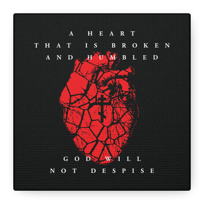 This Christian canvas art, "A Heart That is Broken and Humbled God Will Not Despise," features a cracked red heart with an Orthodox cross—symbolizing repentance and forgiveness as reflected in Psalm 51.