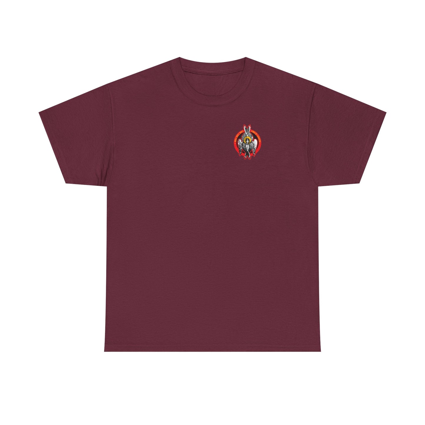 Maroon Holy Holy Holy Seraphim Angel Icono-Graphic unisex t-shirt featuring a small, colorful graphic of a heavenly host on the left chest; midweight cotton design.