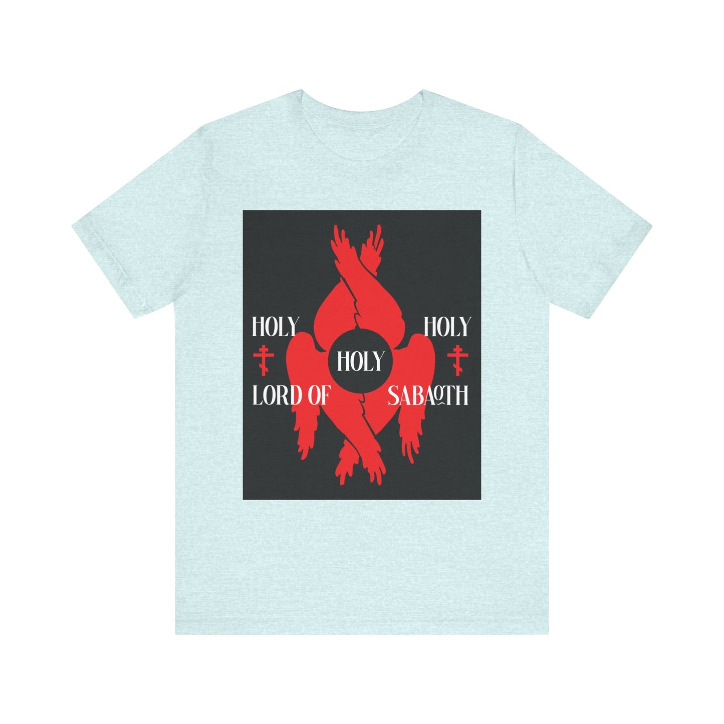 Heather Prism Ice Blue unisex cotton t-shirt with black square, red seraphim wings, Orthodox crosses, and "Holy Holy Holy Lord of Sabaoth" white text inspired by Isaiah 6:3 Divine Council.