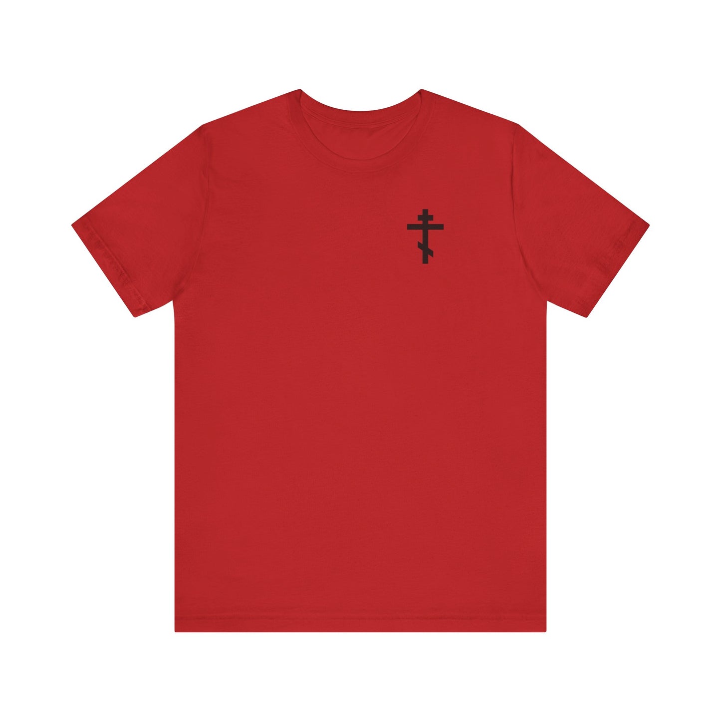Red Orthodox lightweight cotton unisex tee with a red cross on the front left breast, inspired by St John Climacus’s tradition of remembrance of death. "Always Live In Remembrance of Death" and Crown of Thorns graphic on the back.