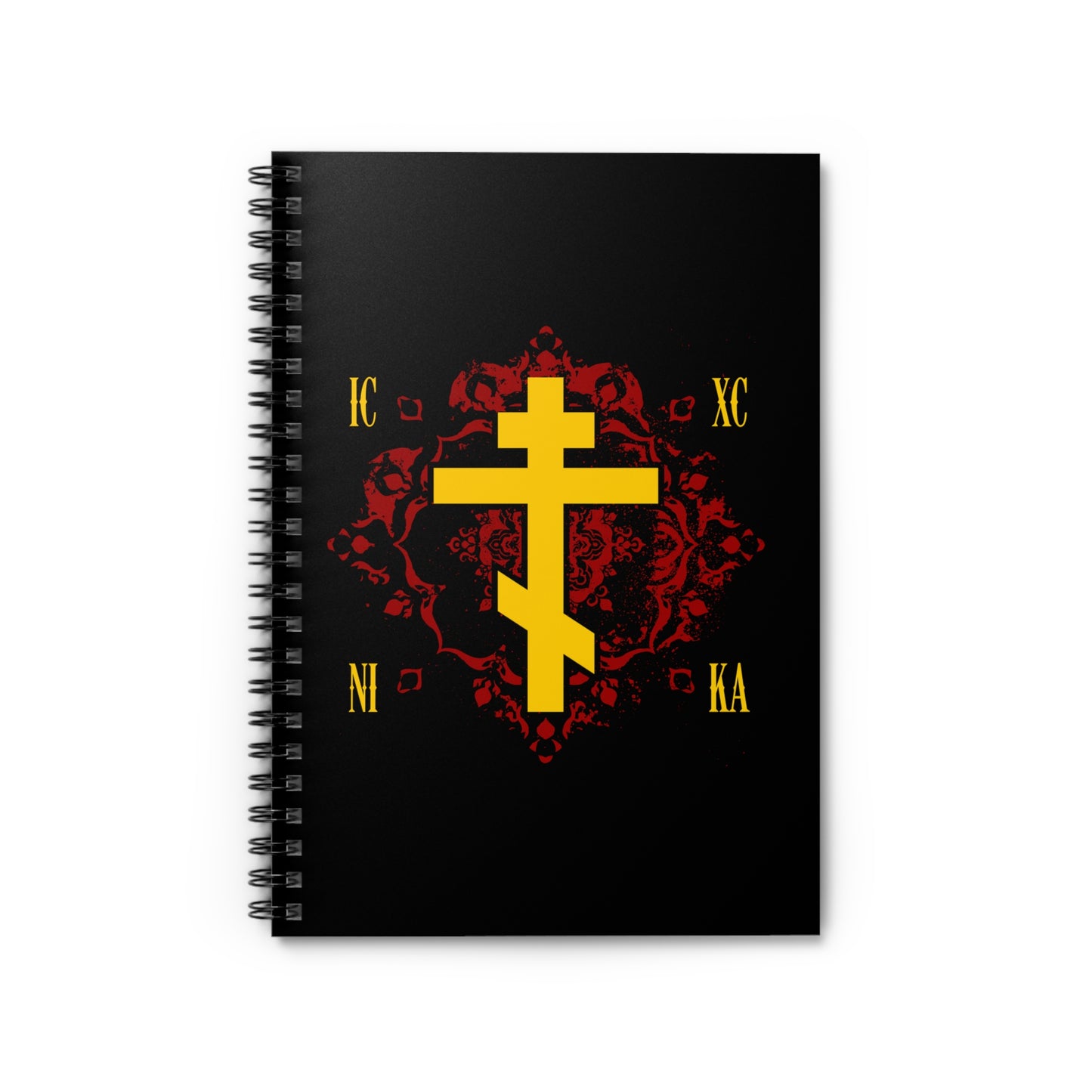 The ICXC NIKA Yellow Russian Cross on Ornate Red Background Design | Jesus Christ Conquers Christian Spiral Notebook features a yellow Orthodox cross with red ornate details and the letters IC XC NI KA, inspired by St Kosmas Aitolos.