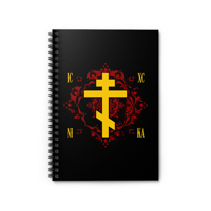 The ICXC NIKA Yellow Russian Cross on Ornate Red Background Design | Jesus Christ Conquers Christian Spiral Notebook features a yellow Orthodox cross with red ornate details and the letters IC XC NI KA, inspired by St Kosmas Aitolos.