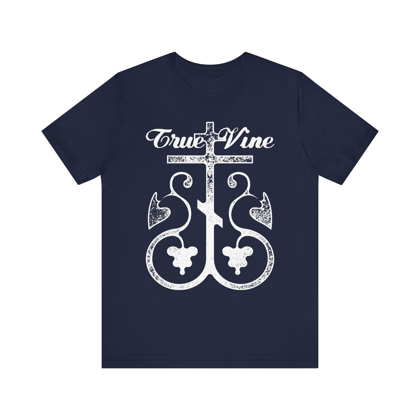 Navy "I Am the True Vine" t-shirt features a white Orthodox cross and grape vine graphic (John 15, Ezekiel 15) in photocopy effect on lightweight cotton. Unisex fit.
