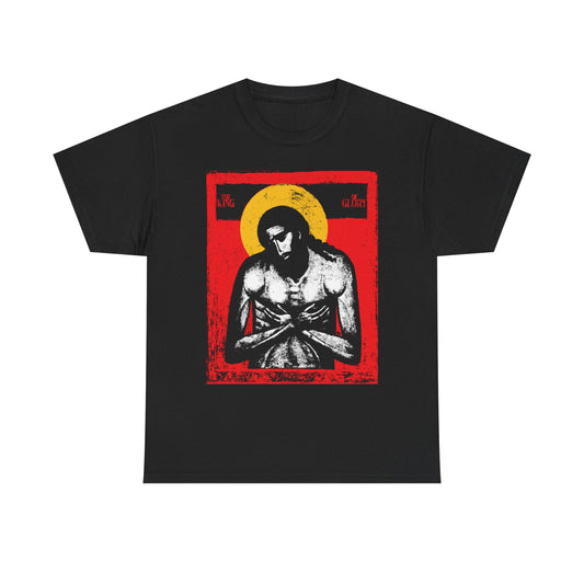 Black heavy cotton T-shirt: The King of Glory Jesus Christ "Extreme Humility" IconoGraphic, in red, yellow, white on black. Features devotional art with Isaiah 53 reference and “King of Glory” text. Christian-themed apparel.