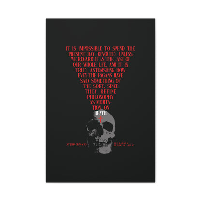 A black canvas wall art titled "The Present Day As the Last Day of Our Life" features a skull with a red Orthodox cross and a memento mori quote by St John Climacus, reminding us to remember death.