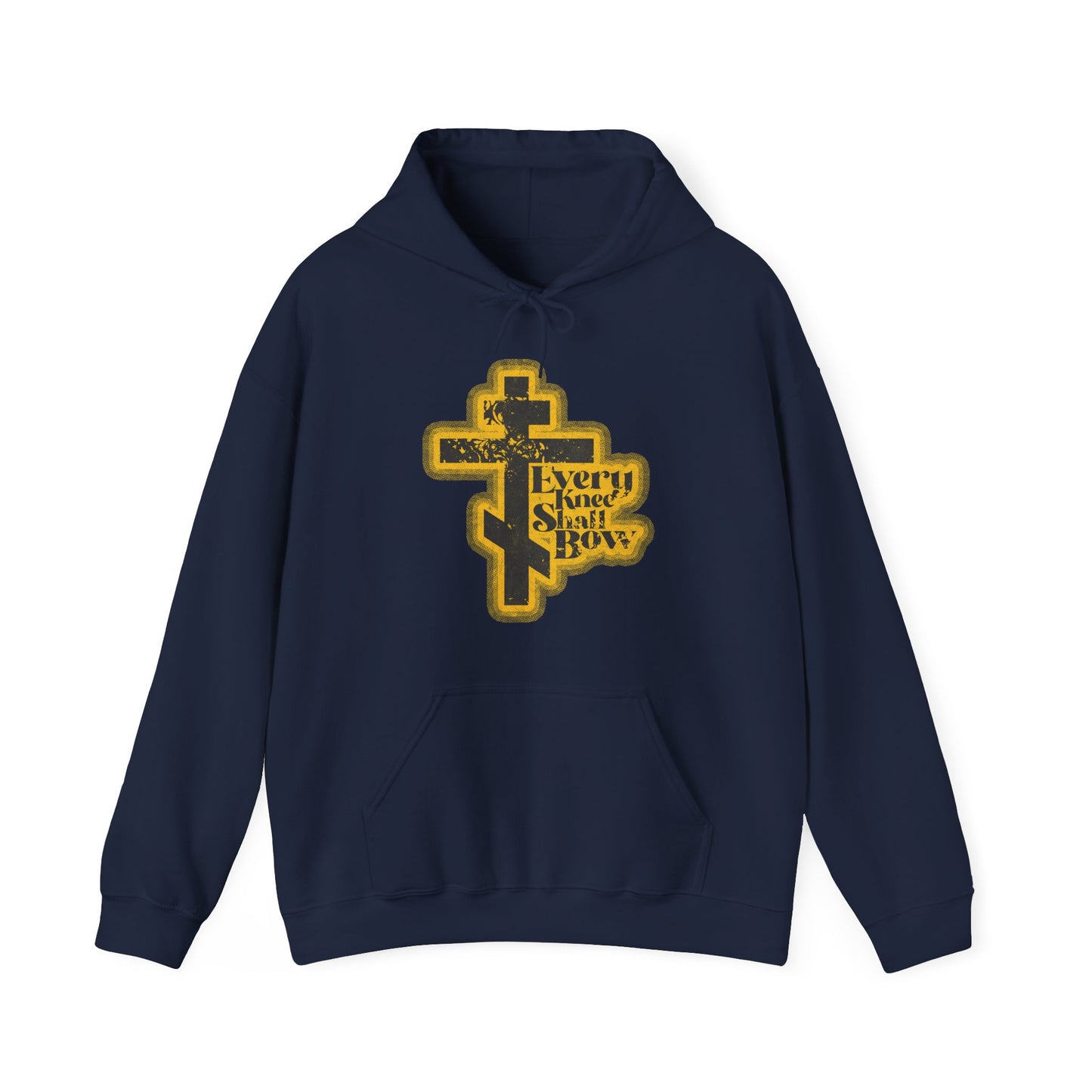 Navy "Every Knee Shall Bow" hoodie featuring a 70s distressed halftone comic book design with Philippians 2:10-11 and Isaiah 45:23, boldly declaring Jesus Christ is Lord. Orthodox Christian apparel.