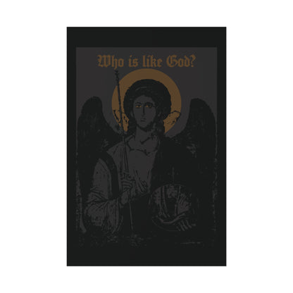 Introducing the “Who Is Like God? Archangel Michael Icono-Graphic w/ Cross on Front Left Breast”—a striking black and bronze poster featuring a dark, iconic portrayal of Archangel Michael with a halo and staff. Gold text above asks, “Who is like God?” Inspired by Orthodox Christian tradition and reverence for the guardian angel, this Goth Christian art piece highlights a prominent cross on the front left breast of Michael’s robes.
