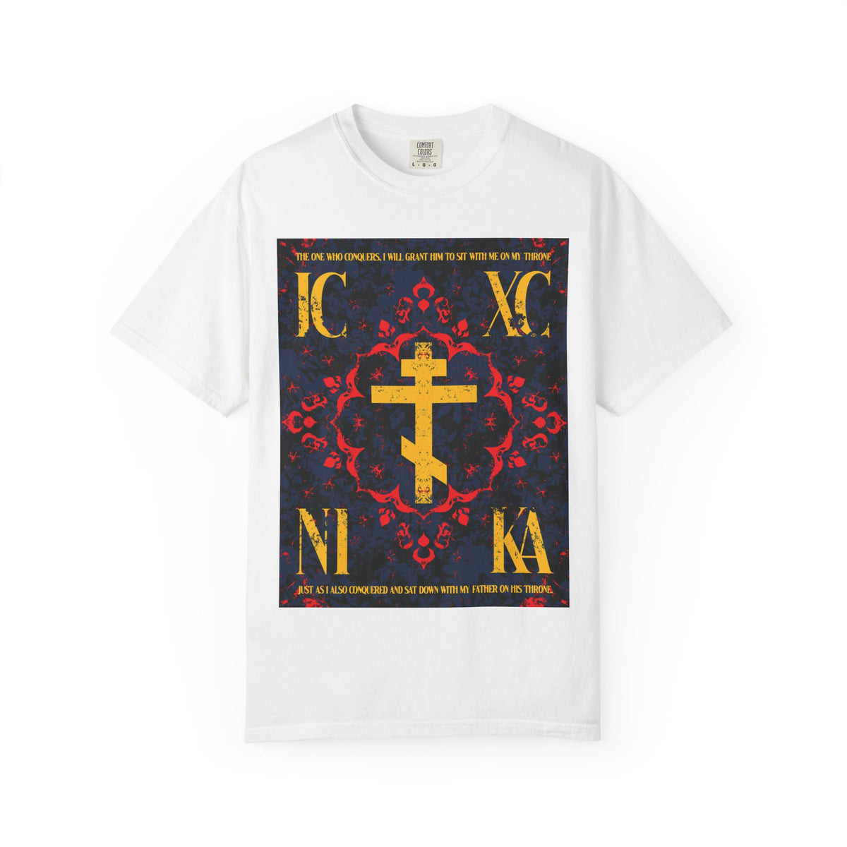 White “IC XC NIKA Orthodox Cross” heavyweight cotton unisex T-shirt featuring a central Byzantine-style cross with gold lettering and intricate medieval floral patterns in red—symbolizing the victory and salvation described in Revelation 3:21, achieved through both personal effort and the grace of God.