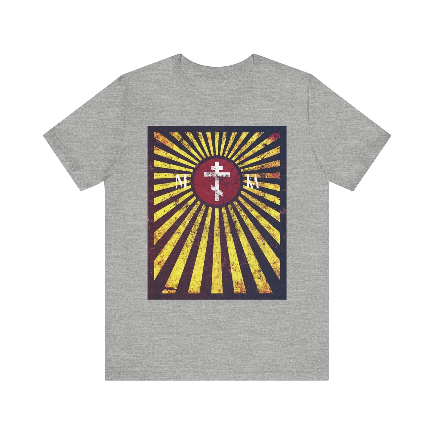 Athletic Heather unisex T-shirt featuring the "NIKA Red Rising Sun Cross with Golden Rays" distressed textured flag design—a lightweight cotton Orthodox Christian shirt inspired by St. Paisios of Mount Athos, symbolizing the cross to bear on the ladder to Heaven.
