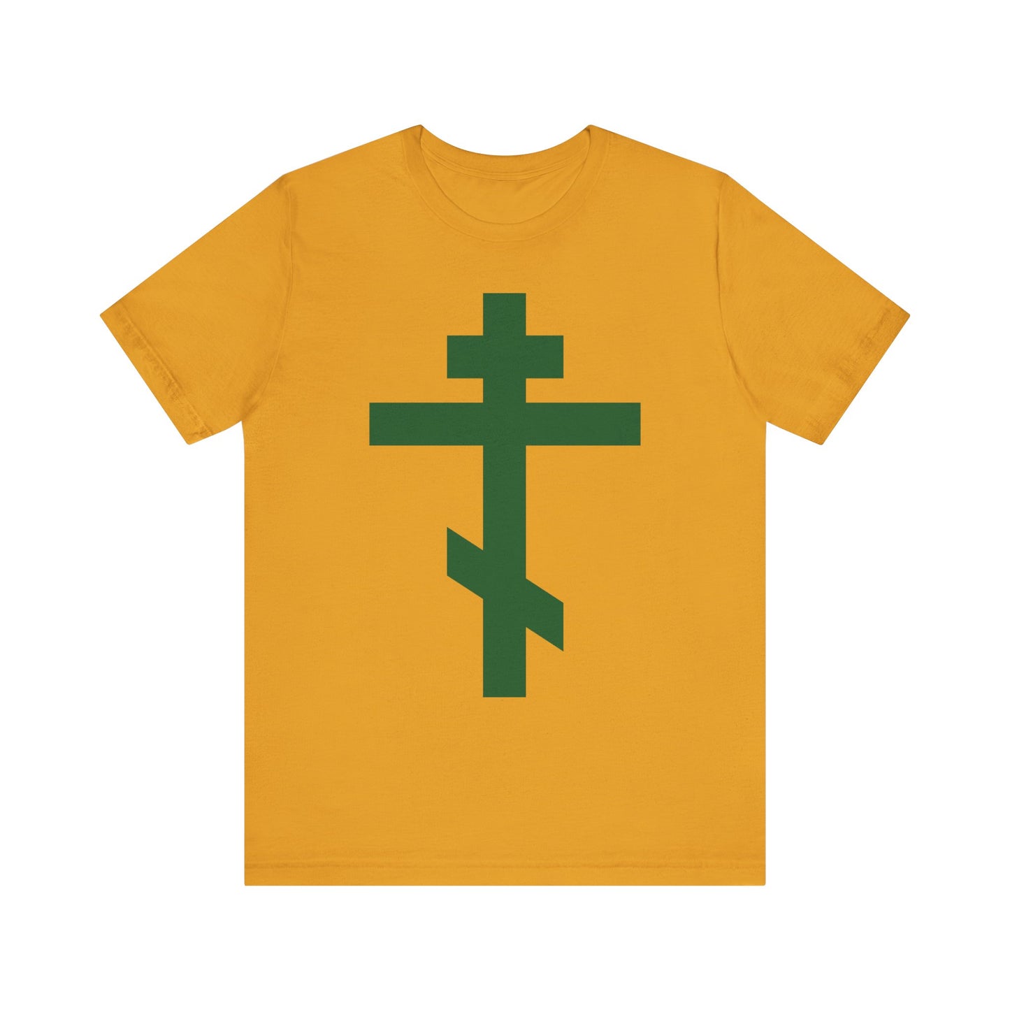 Mustard-colored lightweight cotton unisex tee featuring a large green Orthodox Tribar Cross and the phrase "Preserve Thy People By Thy Cross, O Lord | Christ is King.