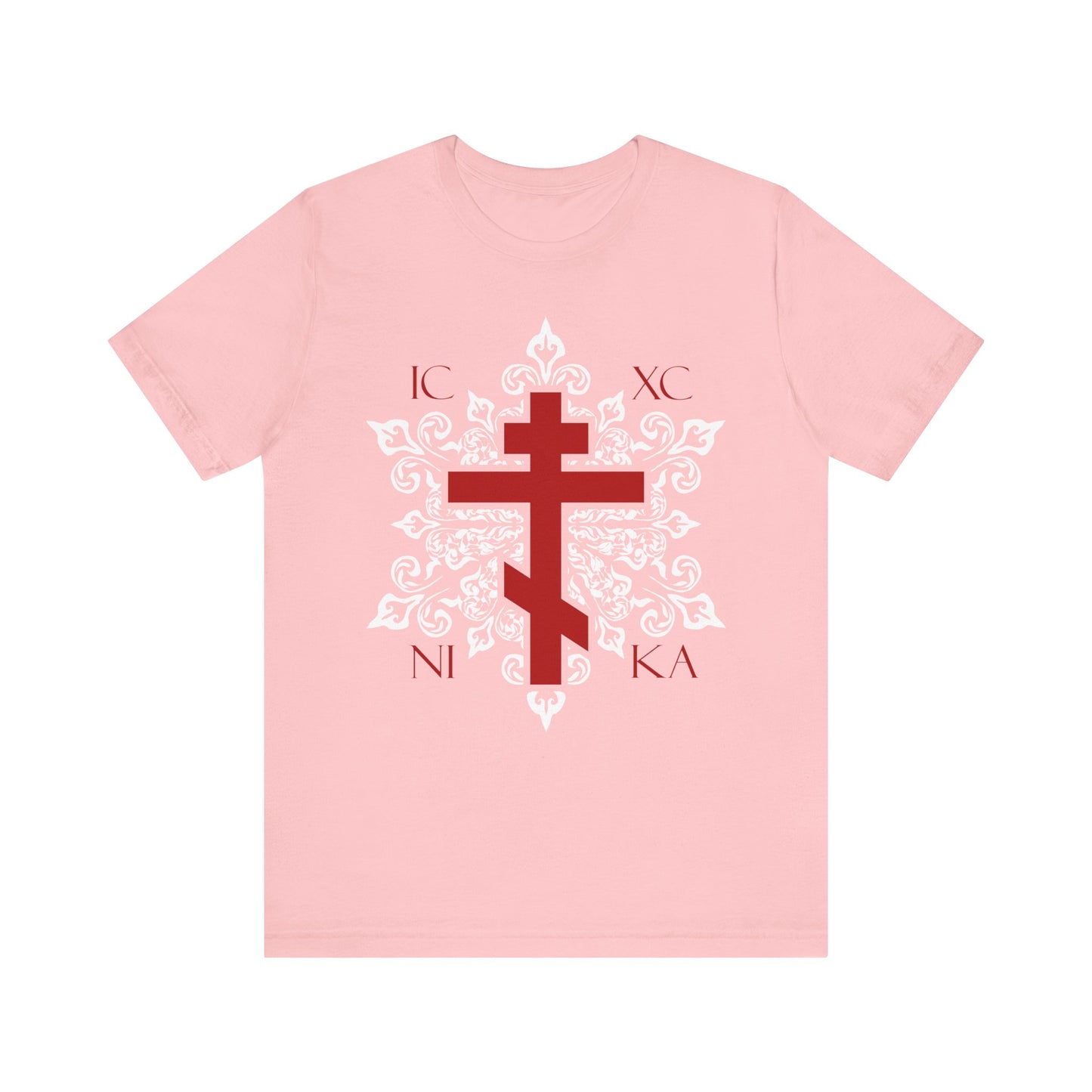 The ICXC / NIKA Red Orthodox Cross design, inspired by ornate white medieval florals, is featured on this best-selling pink unisex cotton tee—an ideal lightweight garment for Orthodox Christians.