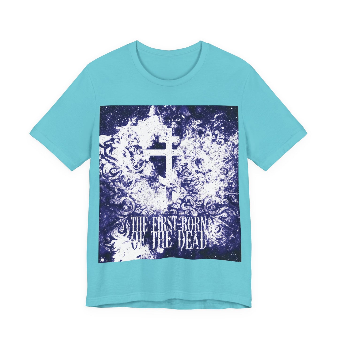 The First-Born of the Dead | Glowing White & Blue Textured Cosmic Orthodox Cross | Resurrection & Apocalypse | Christian Unisex Cotton Tee