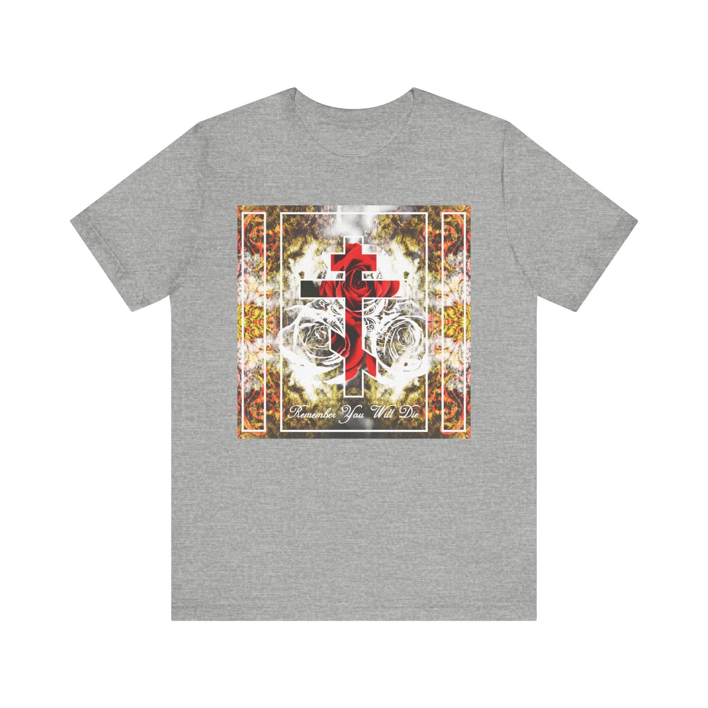 Athletic Heather lightweight cotton unisex tee featuring an elegant "Remember You Will Die" font, an Orthodox cross with roses, and a floral texture. This soft jersey t-shirt offers a comfortable fit and serves as a versatile Memento Mori Christian top.