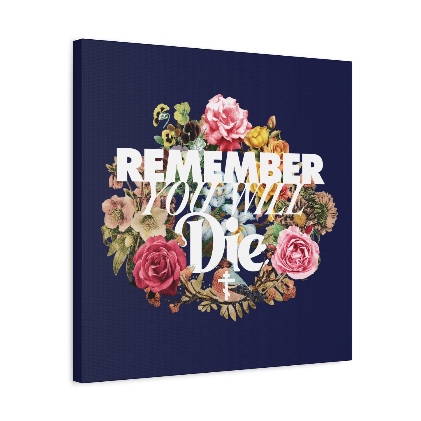 The "Remember You Will Die" Orthodox Christian canvas features classic typography over a floral wreath with a cross on a dark blue background, inviting reflection in the Memento Mori tradition.