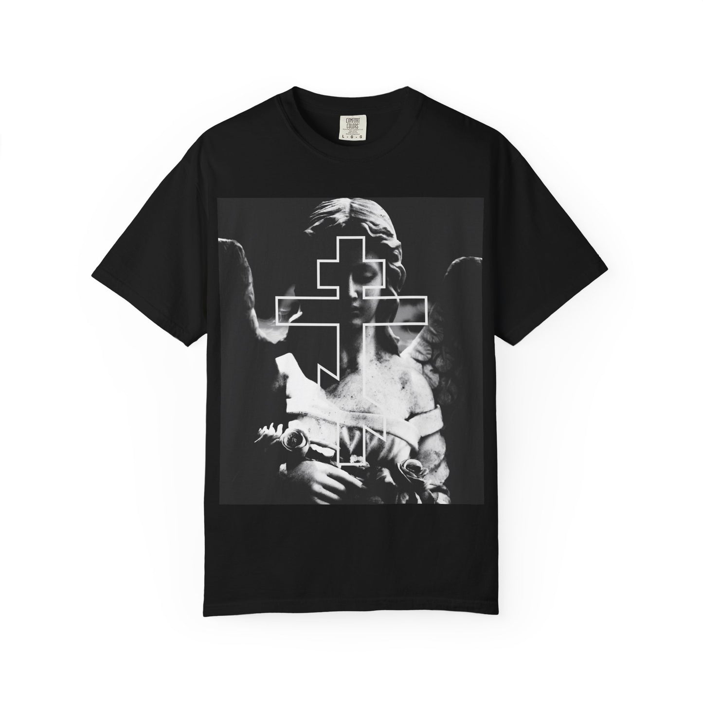 Black heavyweight cotton tee featuring a grayscale cemetery angel and bold Orthodox cross in white outline, blending goth and memento mori aesthetics. Unisex design.