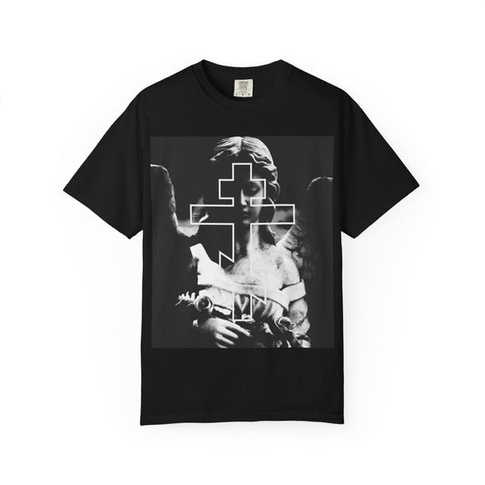 Black heavyweight cotton tee featuring a grayscale cemetery angel and bold Orthodox cross in white outline, blending goth and memento mori aesthetics. Unisex design.