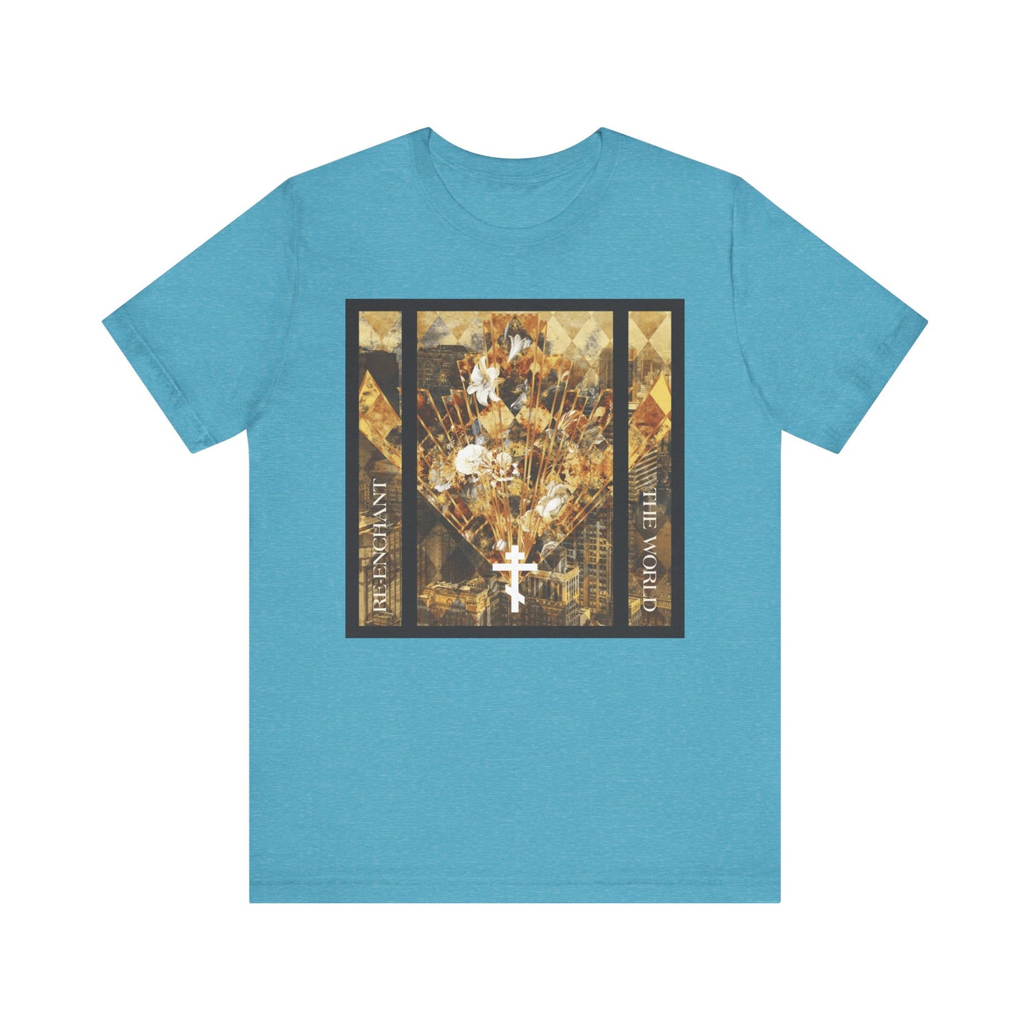 Heather aqua t-shirt featuring a modern graphic cityscape accented by a cross and flowers in earthtones, capturing the spirit of the Re-Enchant the World collection and celebrating the beauty of the Church.