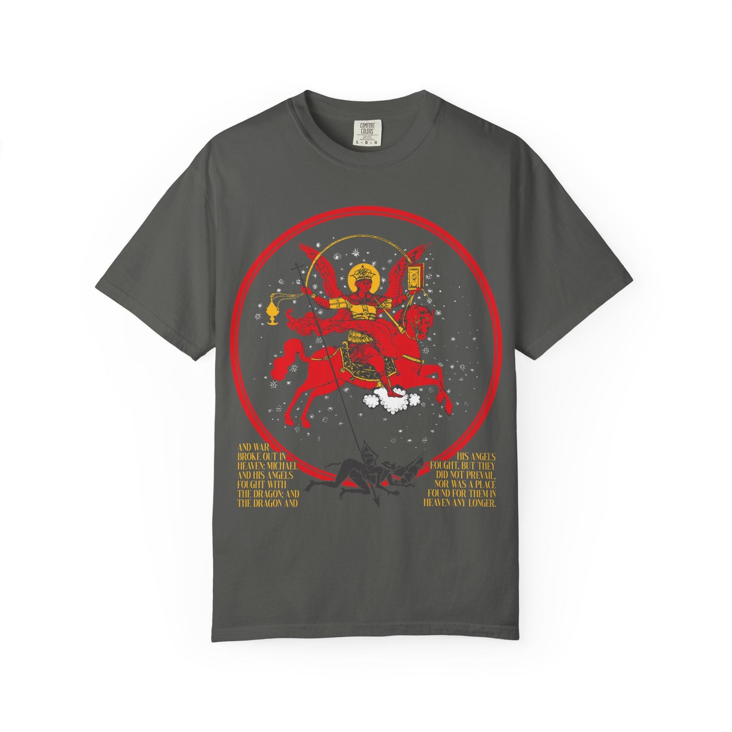 Archangel Michael of the Apocalypse Icono-Graphic | War in Heaven (Rev 12:7-9) | Satan Cast Out | Heavyweight Cotton Unisex T-Shirt