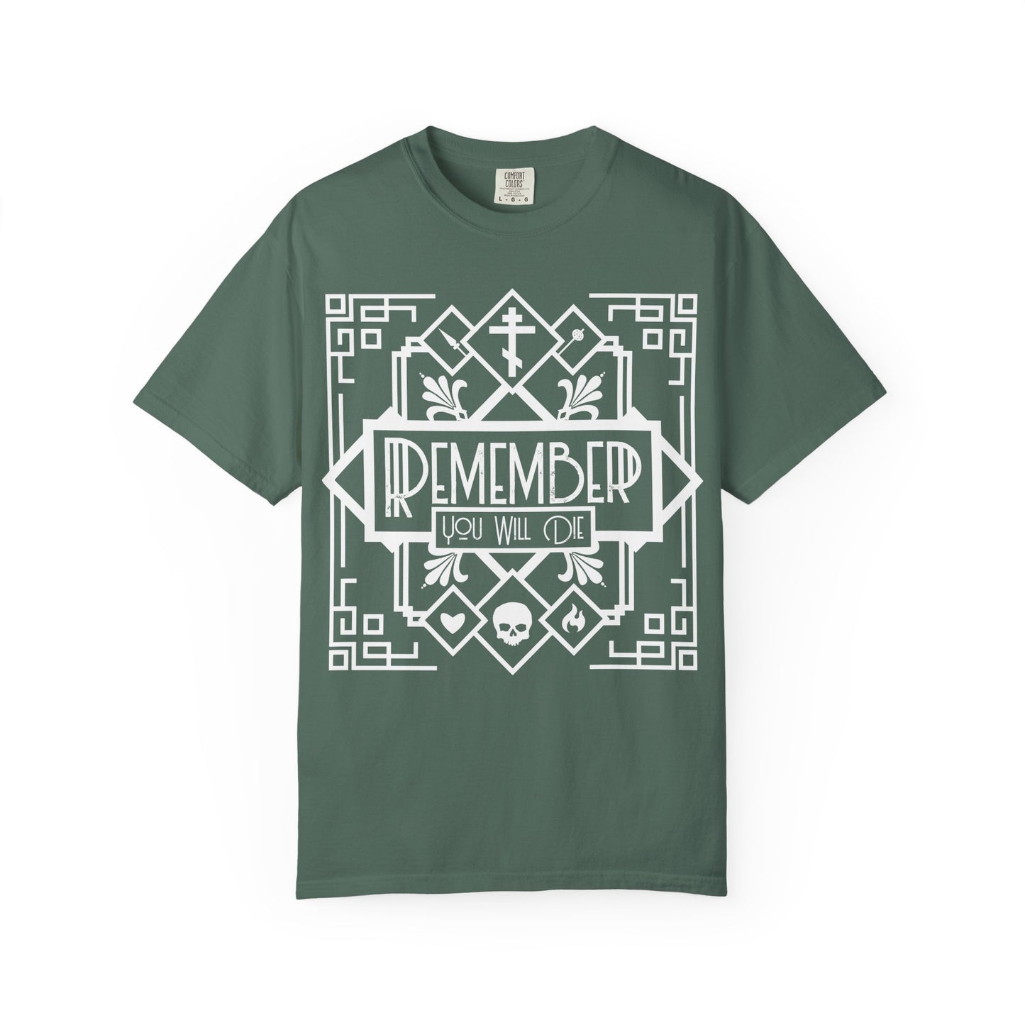Remember You Will Die Art Deco Design | Black and White Line Art | Skull Heart Fire | Memento Mori | Heavyweight Cotton Unisex T-Shirt