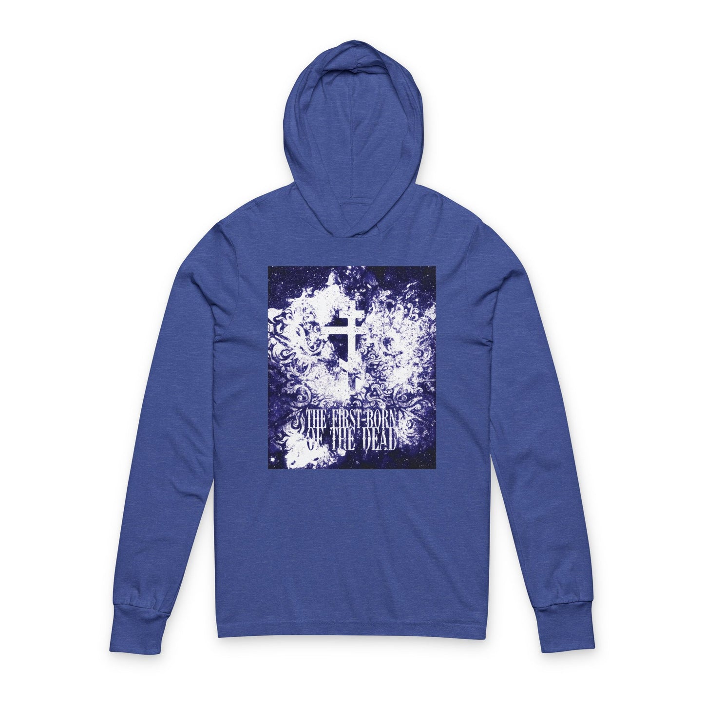 Heather True Royal hoodie featuring a glowing white & blue textured cosmic Orthodox cross and the text "The First-Born of the Dead," referencing Christ’s resurrection and apocalypse.