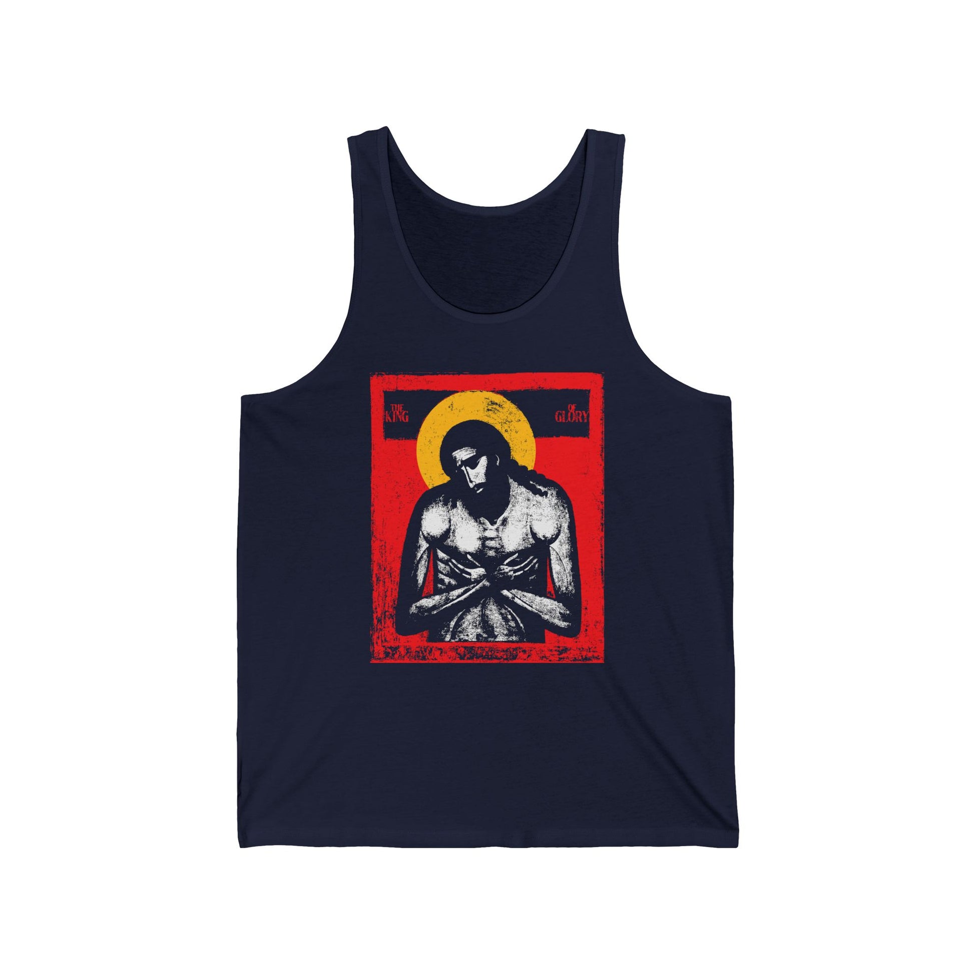 Navy tank top featuring "The King of Glory Jesus Christ 'Extreme Humility' IconoGraphic" in red, yellow, white, and black—a Christian devotional Orthodox design inspired by Isaiah 53.