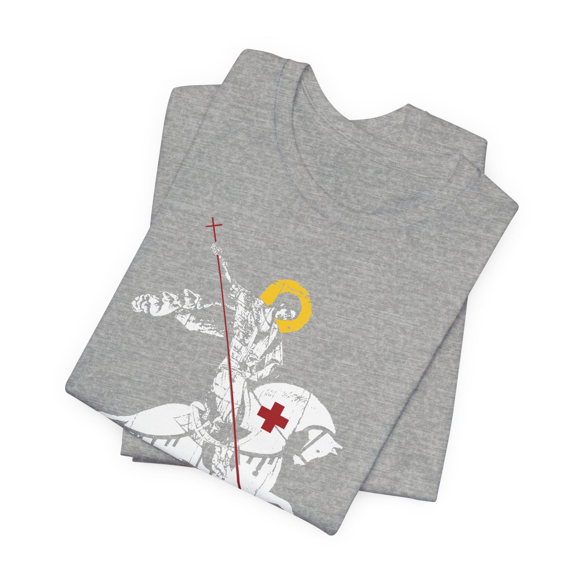 Gray cotton unisex t-shirt featuring a bold graphic of St George slaying the dragon, inspired by Orthodox Christian iconography and St John Climacus—a design symbolizing the timeless journey through sadness of soul and godly mourning, as referenced in “Those Who Mourn Over Their Sins.”.