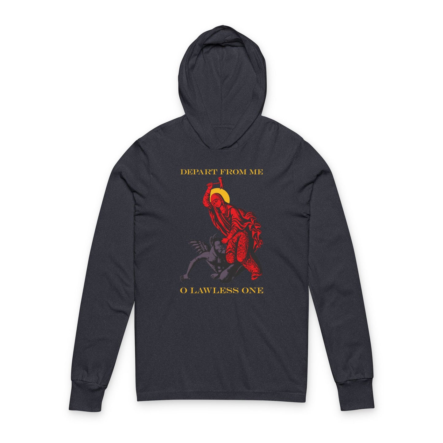 St Marina IconoGraphic (Depart from Me O Lawless One) | Saint Beating the Devil with a Hammer | Orthodox Long Sleeve Hooded Shirt