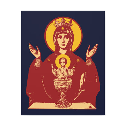 Holy Theotokos IconoGraphic of the Inexhaustible Chalice: crowned Mother of God raising hands, with Christ in a chalice—symbolizing deliverance from addictions and conquering passions. Orthodox Christian wall art on dark blue background.
