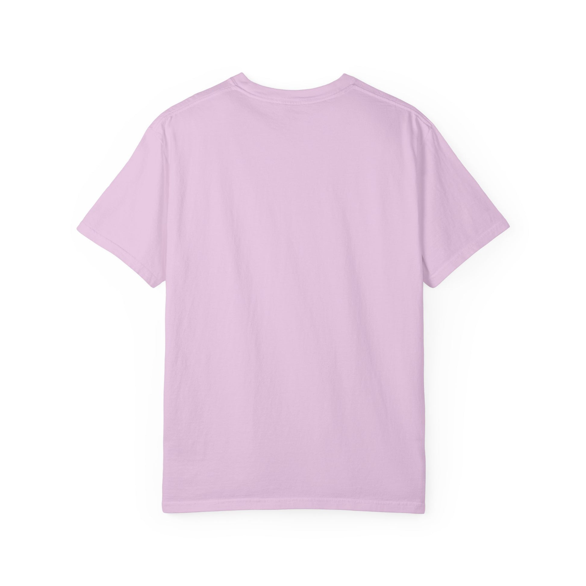The Dead to this World T-shirt features a Christian goth flower cross & skull design with 70s typography, shown from the back in light purple against a white background. Made from heavyweight cotton, it's a bestselling unisex style inspired by serenity.