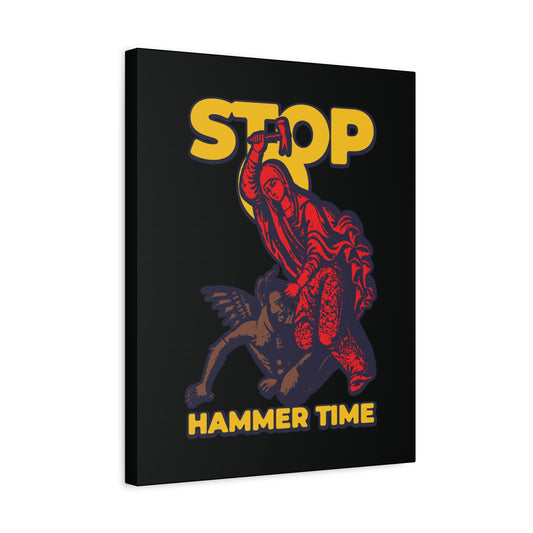 St Marina of Antioch Beating the Devil with a Hammer | Modern Orthodox meme art with bold "STOP HAMMER TIME" text in yellow, featuring a stylized figure and creature in red, blue, and yellow – unique Christian wall art inspired by saint stories.