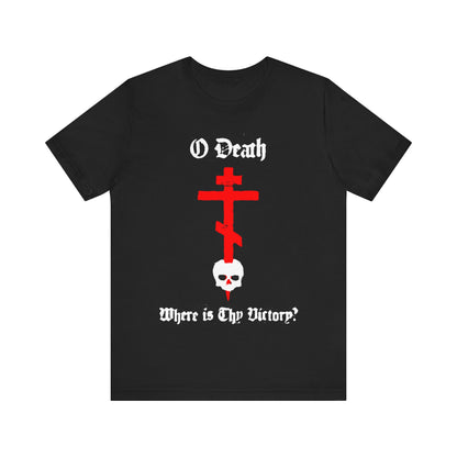 O Death Where is Thy Victory? 1 Cor 15:55 | Cross Stabbing Skull | Spraypaint Aesthetic | Orthodox Christian Cotton T-Shirt