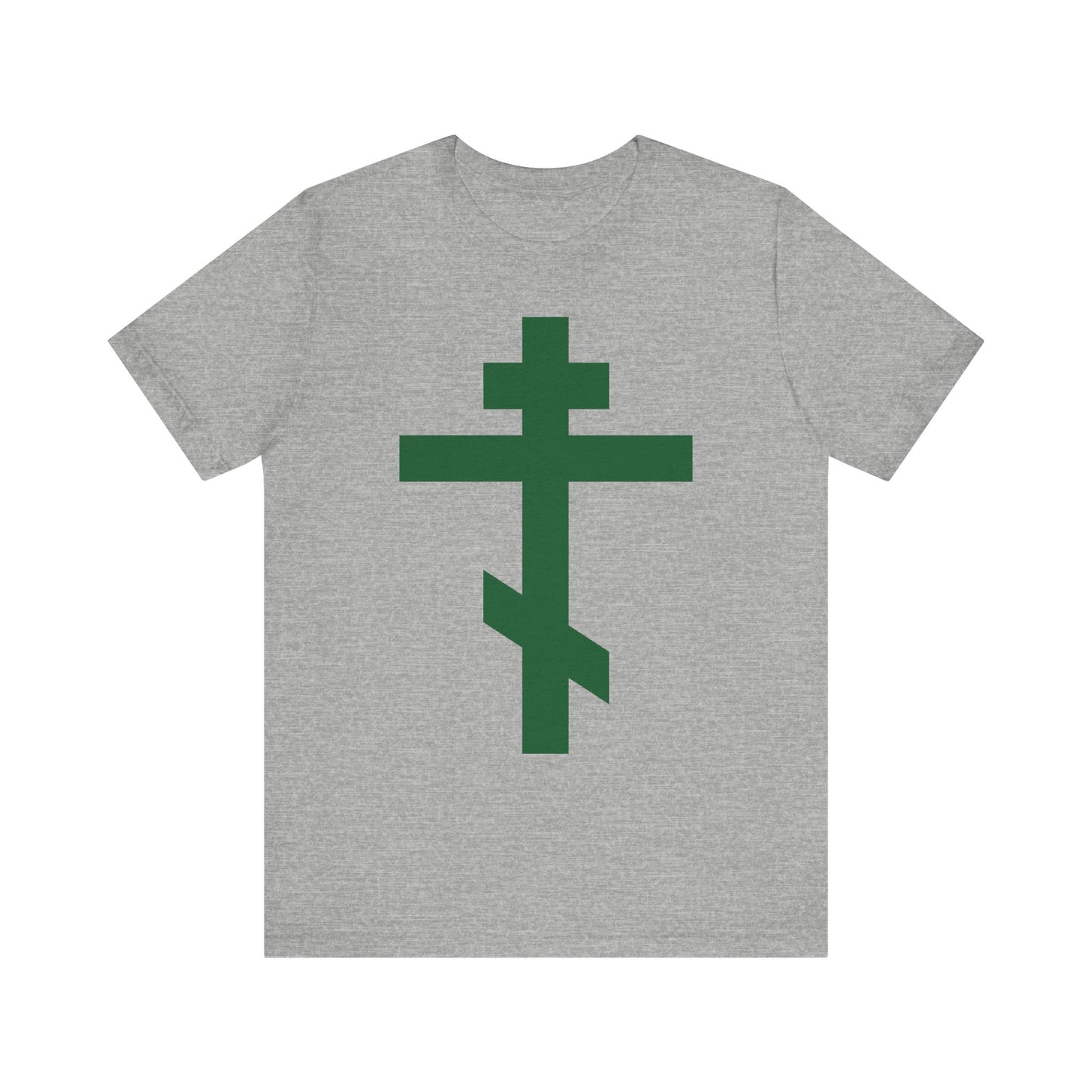 Athletic Heather tee with a bold forest green Orthodox tribar cross and “Preserve Thy People By Thy Cross, O Lord.” Lightweight unisex cotton. Christ is King.