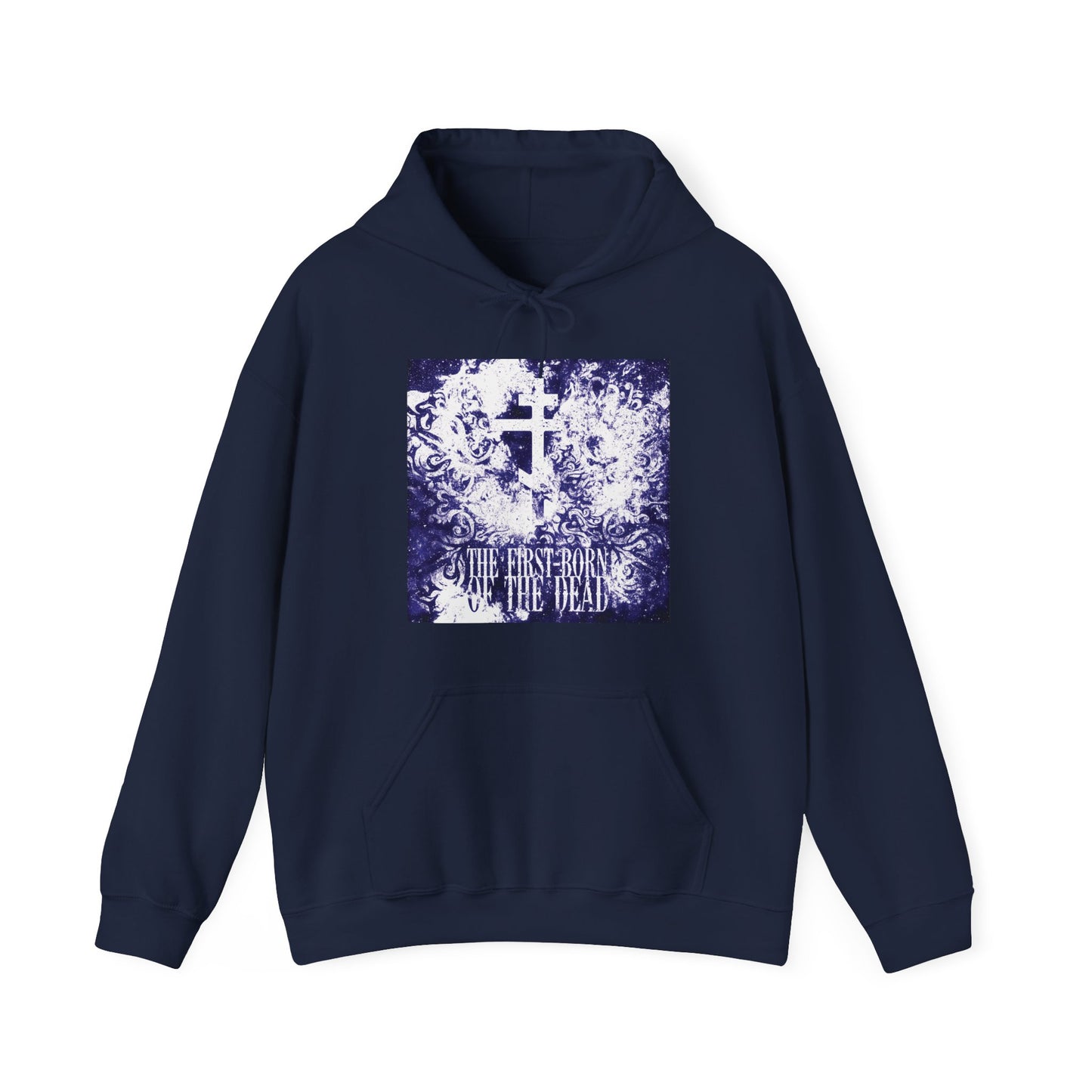Navy hoodie featuring glowing white & blue textured cosmic Orthodox cross and “The First-Born of the Dead” text—honoring Jesus Christ’s resurrection and apocalyptic victory.
