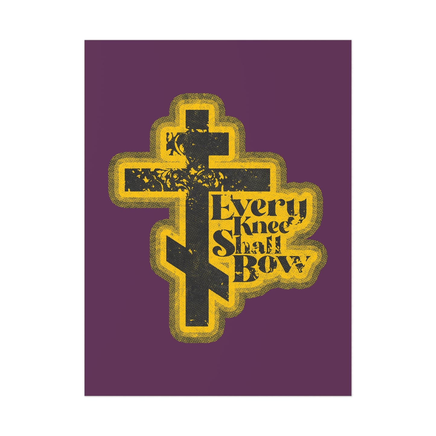 The "Every Knee Shall Bow" Orthodox Christian art poster features a black cross, Philippians 2:10-11 and Isaiah 45:23 text, in a 70s distressed halftone comic book aesthetic with purple and yellow accents.