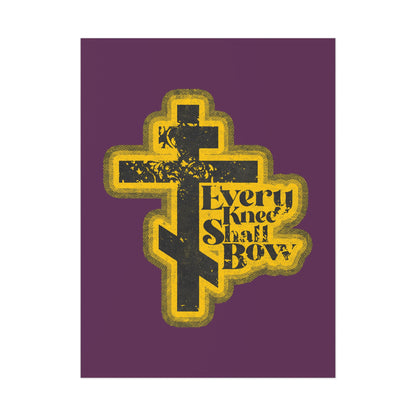 The "Every Knee Shall Bow" Orthodox Christian art poster features a black cross, Philippians 2:10-11 and Isaiah 45:23 text, in a 70s distressed halftone comic book aesthetic with purple and yellow accents.