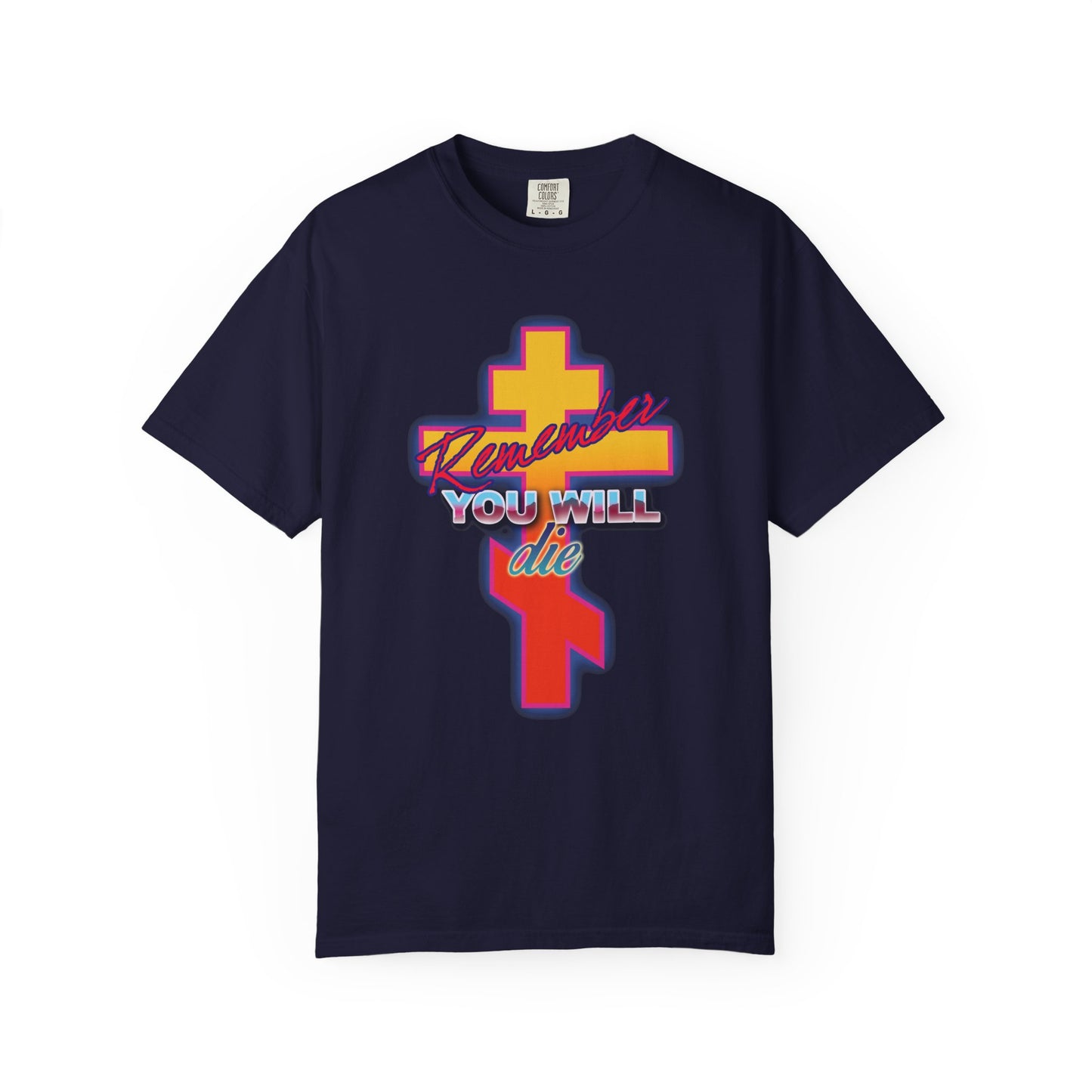 Remember You Will Die 80s Design | Glowing Synthwave Retro Orthodox Cross | Precious Life-Giving Cross | Heavyweight Cotton Unisex T-Shirt