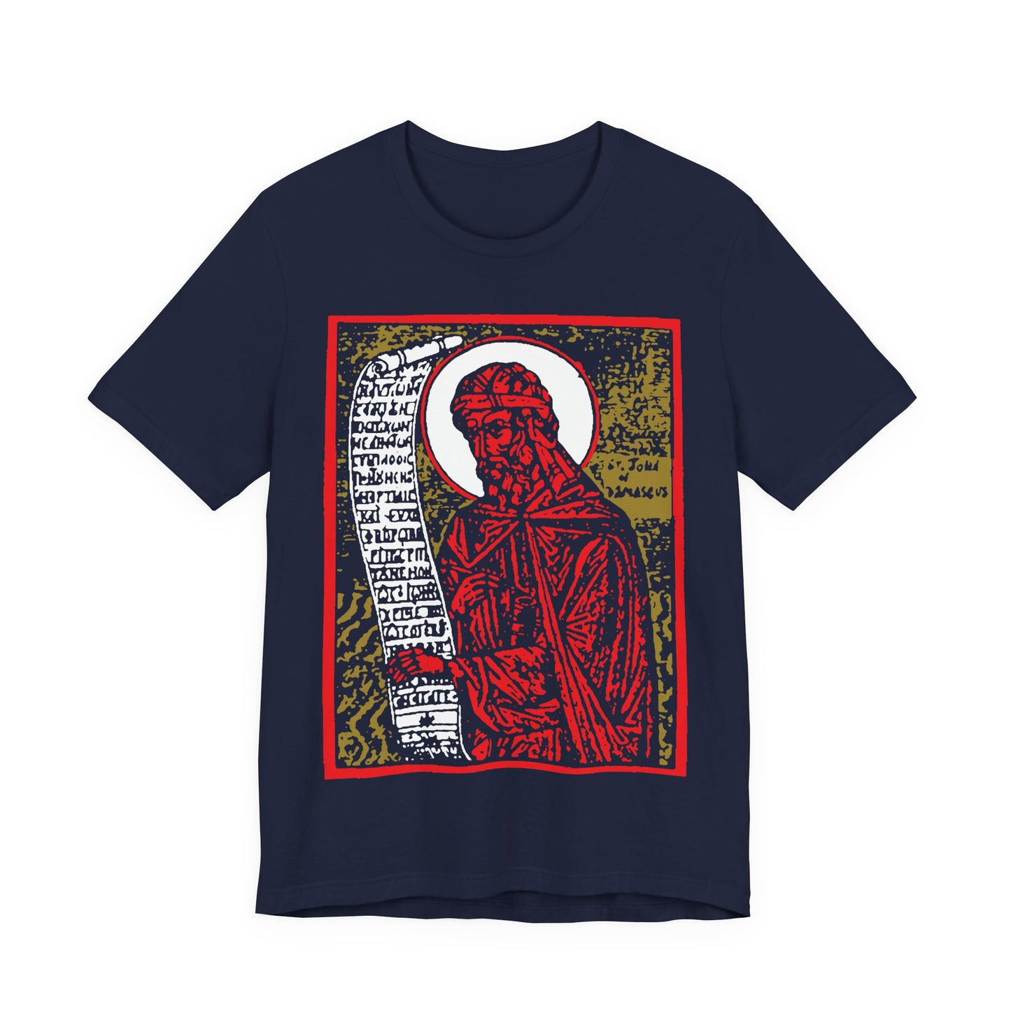 St. John of Damascus Icono-Graphic | Orthodox Christian Saint | Red Gold & Black High Contrast Design | Orthodox Christian Cotton T-Shirt