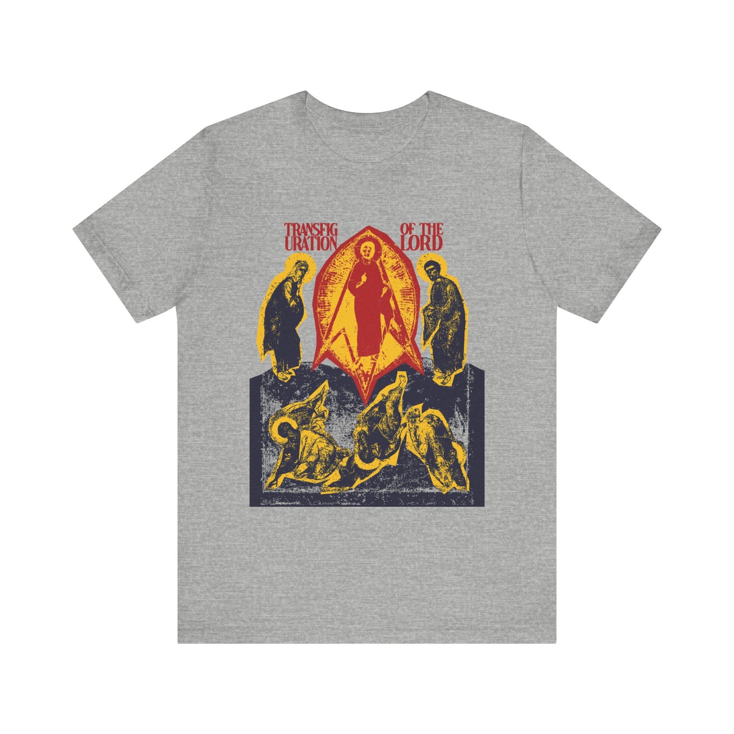 Athletic Heather unisex tee featuring punk zine cut-out artwork of the Transfiguration of the Lord in red, yellow, and black, inspired by Orthodox Christian iconography. Lightweight cotton; perfect for everyday wear.