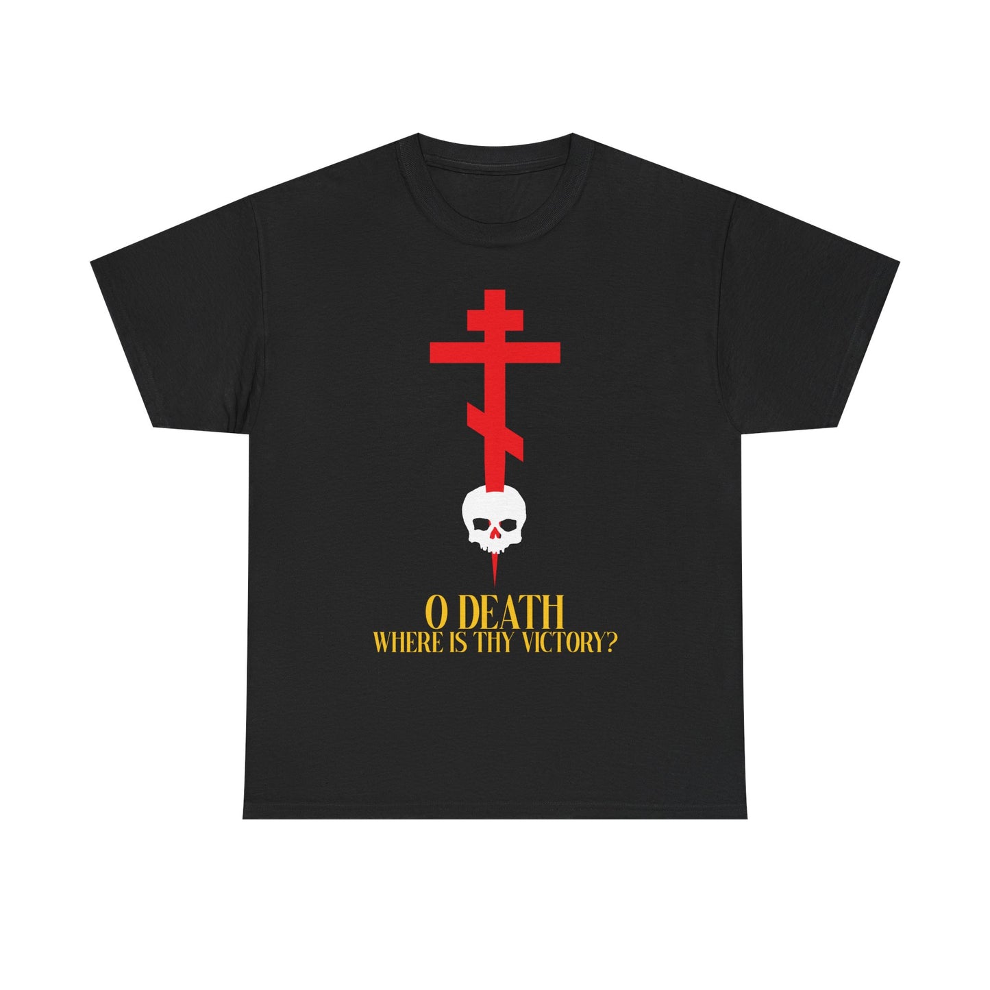 O Death Where is Thy Victory? (1 Corinthians 15:55) | Cross Stabbing Skull | Jesus Christ is King | Orthodox Midweight Cotton Unisex Tee