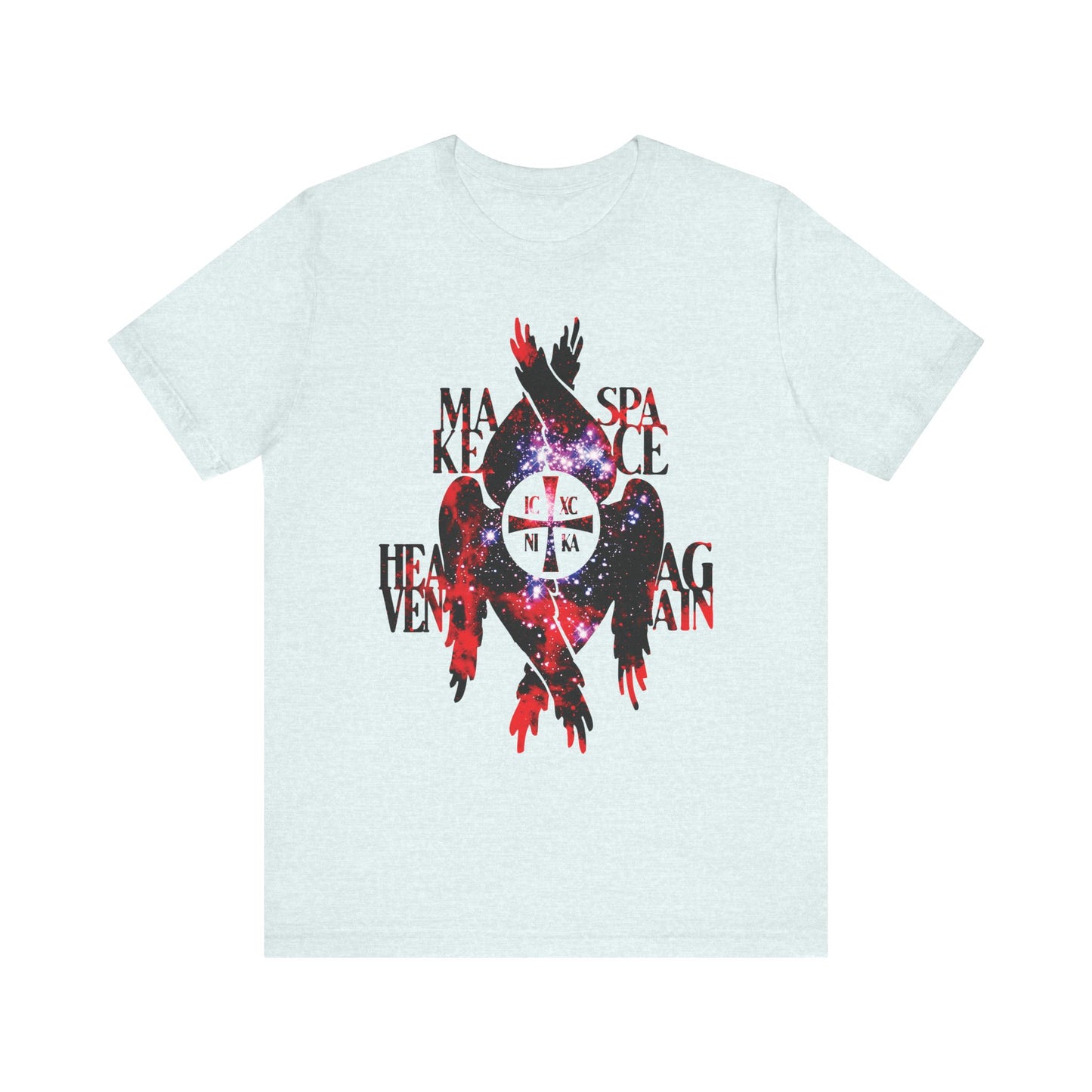 Heather ice blue T-shirt featuring a cosmic-textured ICXC NIKA cross, seraphim wings, and the phrase "Make Space Heaven Again"—an artistic tribute inspired by Orthodox Christian tradition and the creation of the heavens.