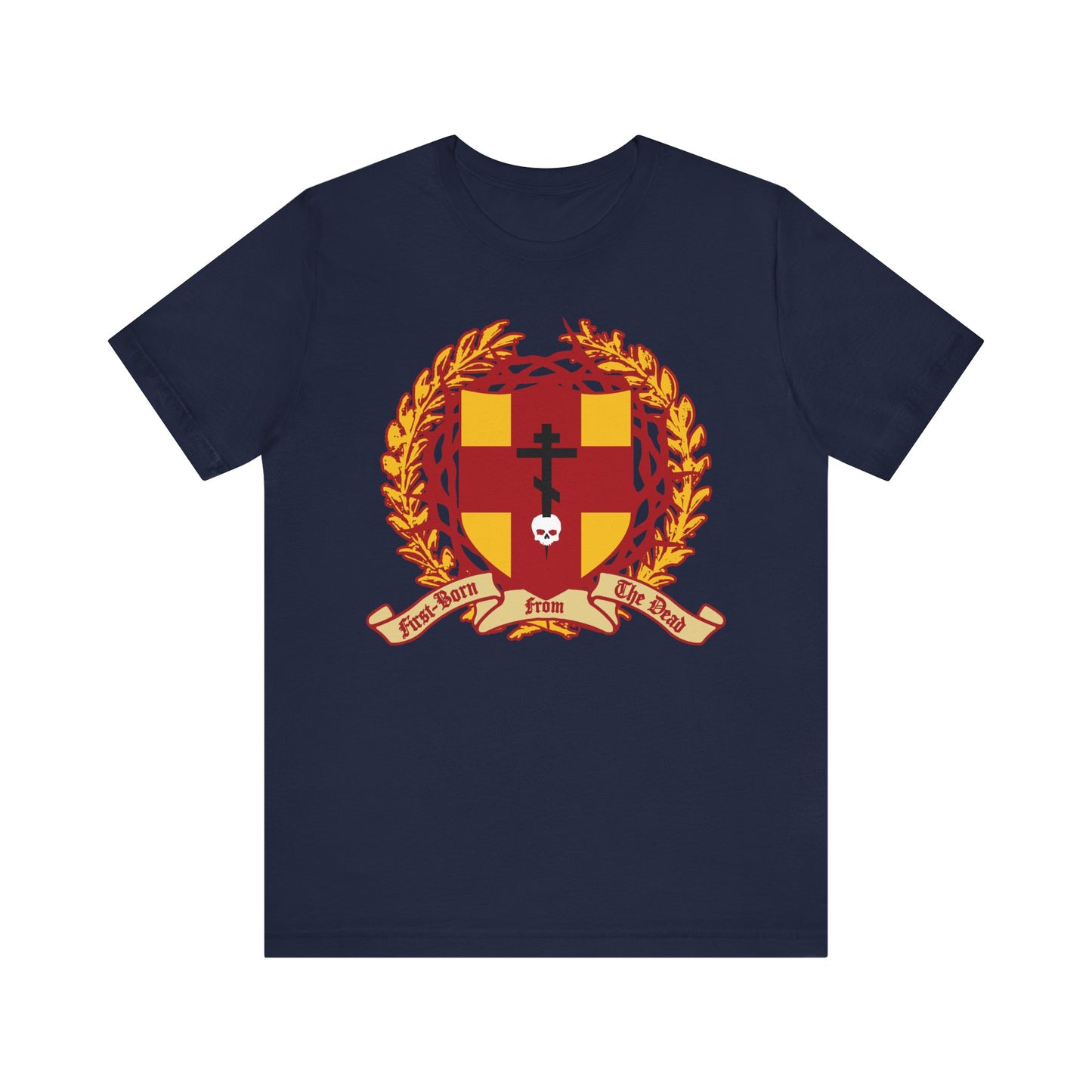Navy lightweight cotton unisex t-shirt featuring an Orthodox cross stabbing a skull on a heraldic shield with crown of thorns, and "First-Born from the Dead (Col 1:18)" banner.