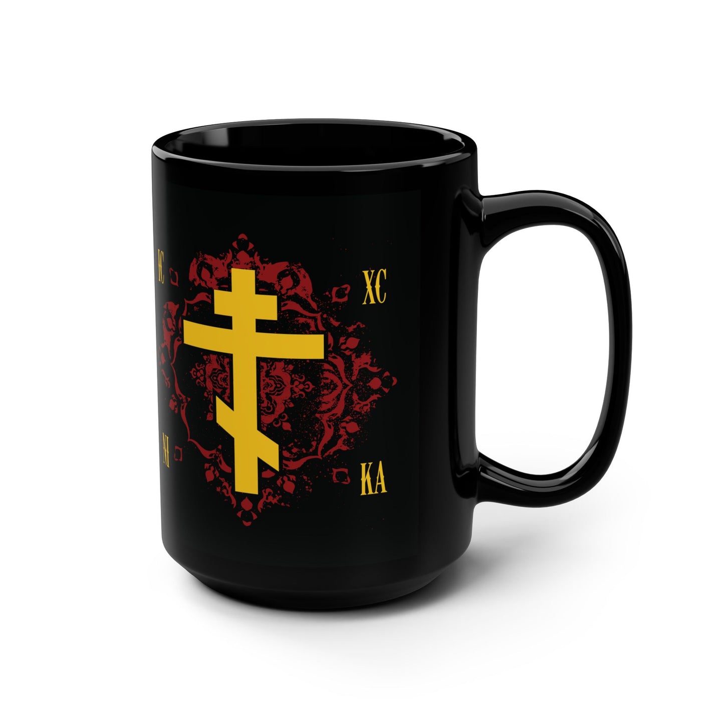 ICXC NIKA Yellow Russian Cross on Ornate Red Background Design | Jesus Christ Conquers | Orthodox Christian Black Mug
