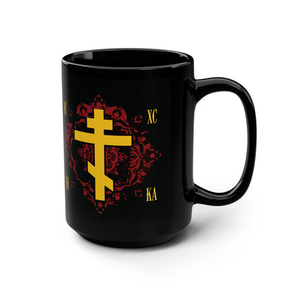ICXC NIKA Yellow Russian Cross on Ornate Red Background Design | Jesus Christ Conquers | Orthodox Christian Black Mug