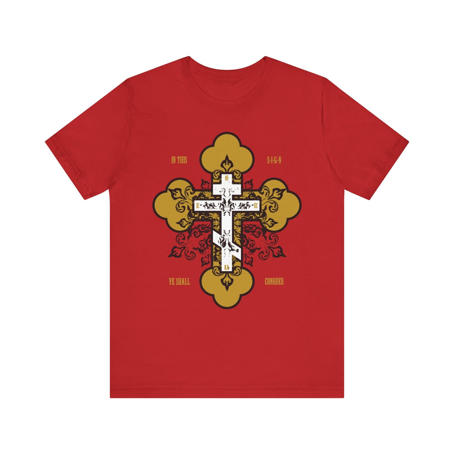 The "In This Sign Ye Shall Conquer" red tee features a gold & white ornate Orthodox cross with "In Hoc Signo Vinces," inspired by St. Joseph the Hesychast and themes of prayer and spiritual warfare. Lightweight cotton unisex fit.