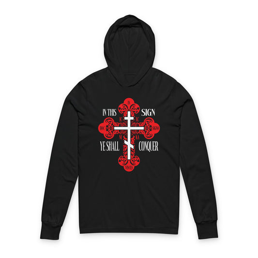 Black hoodie featuring a red ornate Orthodox cross with the phrases "In This Sign Ye Shall Conquer," "ICXC NIKA," and "Jesus Christ Conquers"—a bold Christian hooded shirt expressing faith and victory.